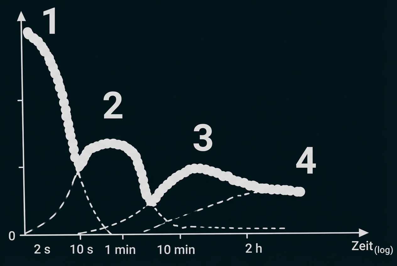 Diagramm mit logarithmischer Zeitachse und vier Phasen (1–4) als wellenförmige Kurven, Zeitmarken 2s–2h.
